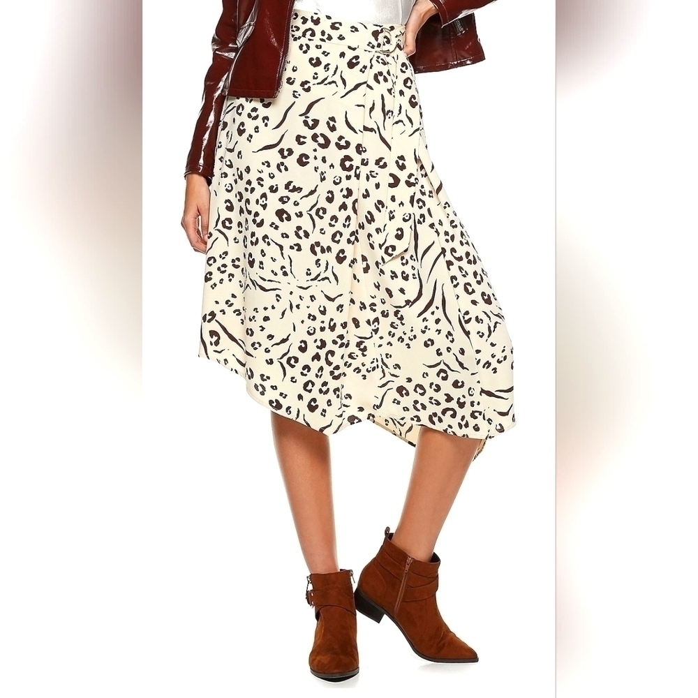 Women's Nine West Asymmetrical Midi Skirt, Cream & Brown Leopard Print MED